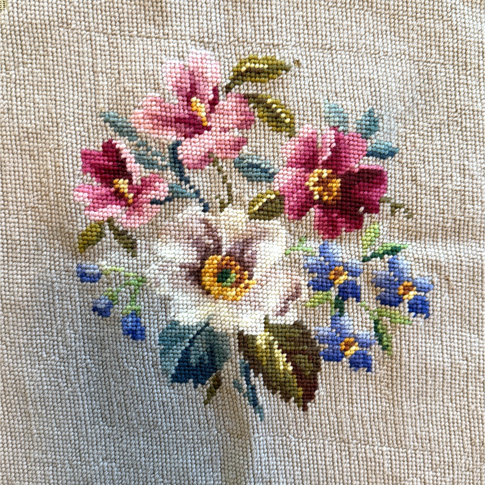 Vintage Started Bucilla Decorator Needlepoint Canvas Floral Preworked 22x22 READ